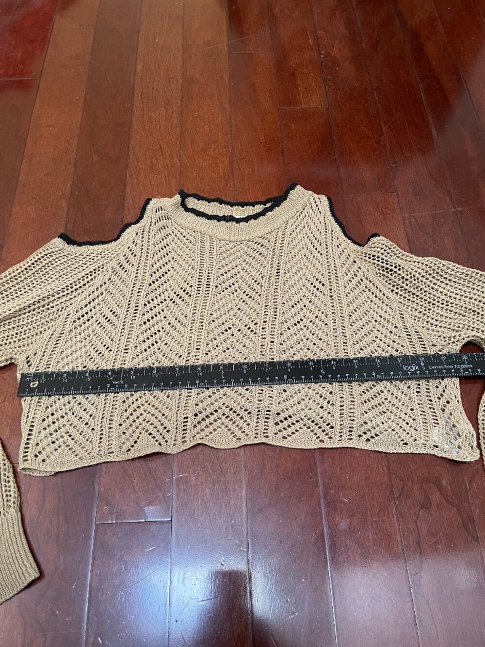Open Knit Cold Shoulder Crop Sweater Coastal Boho Festival Beige - Picture 6 of 9